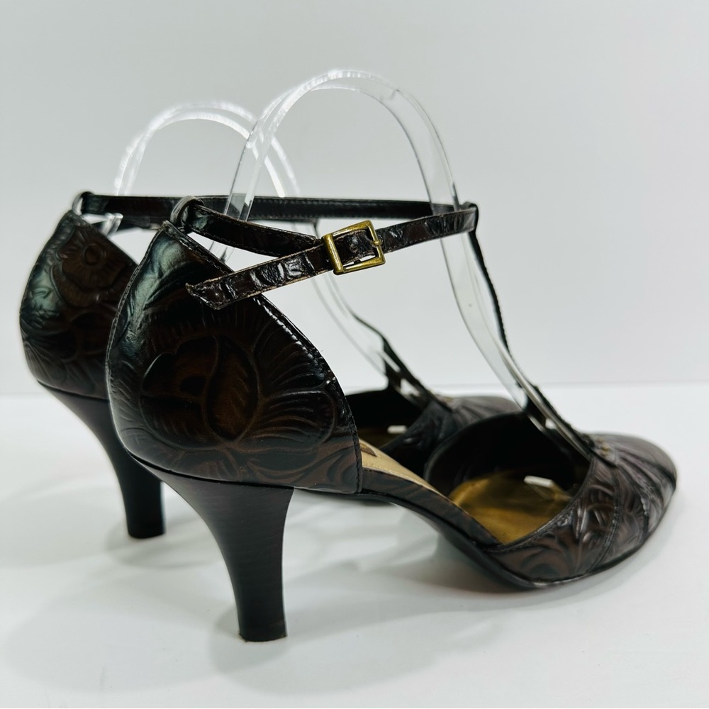 ANTONIO MELANI BROWN LEATHER EMBOSSED SIZE 8.5 GREAT COND 3” STRAPPY HEELS - Picture 6 of 9